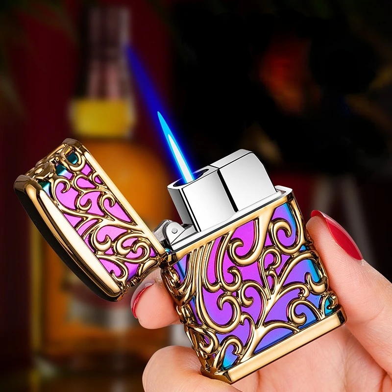 Hollow Tang Grass Gilding Windproof Straight Punch Gas Lighters Relief Personality