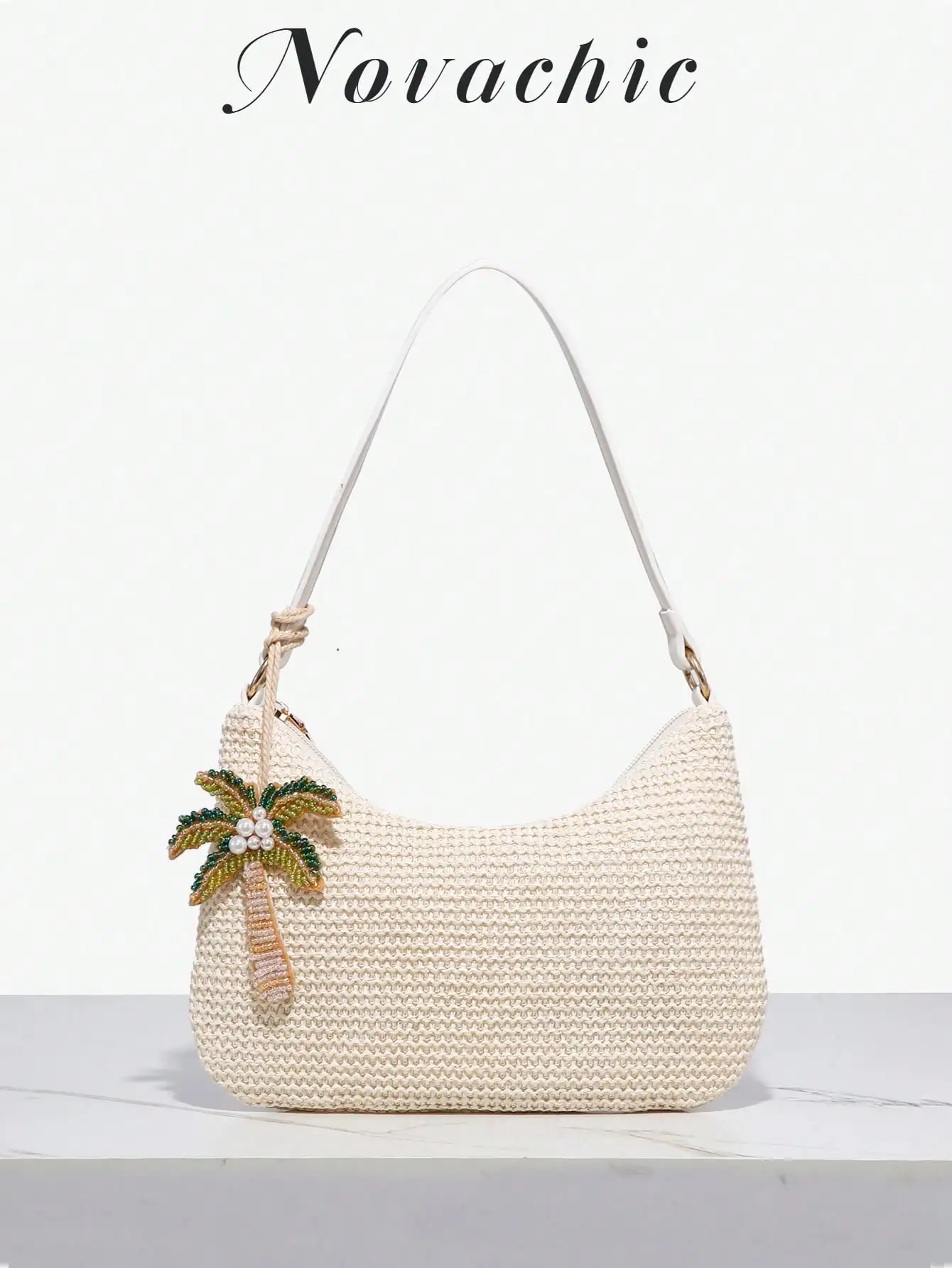 

Cream Crochet Hobo Bag with Beaded Palm Tree Charm, Zipper Closure, Adjustable Strap