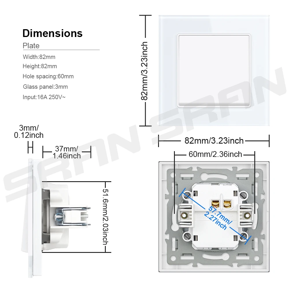 SRAN EU light switch 1gang 1/2/3way 16A 250V Crystal tempered glass panel white 82mm * 82mm wall switch eu F610-11W