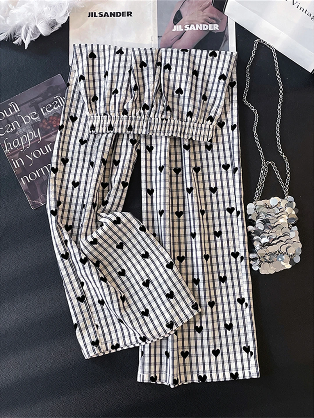 

Black White Plaid Heart Print Wide Leg Pants Women Summer High Waist Straight Cut Ice Silk Floor Length Lazy Pants