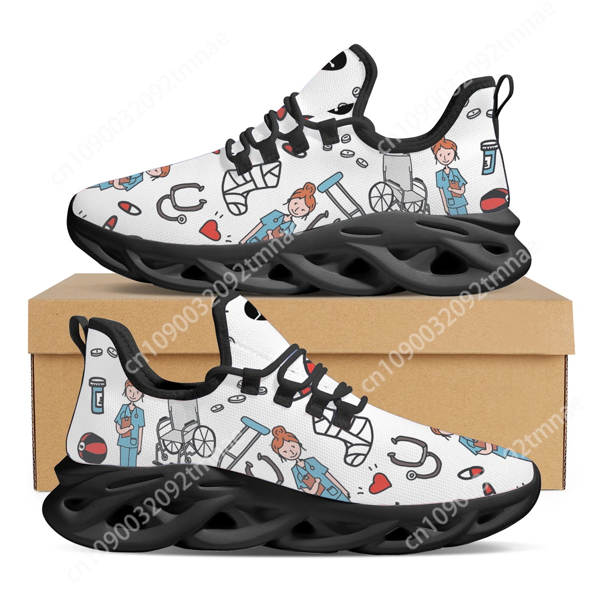 Cartoon Sketch Medical Nurse Print Flat Shoes Ladies Casual Lace Up Hospital Nursing Shoes Custom Personalized Pattern Sneakers