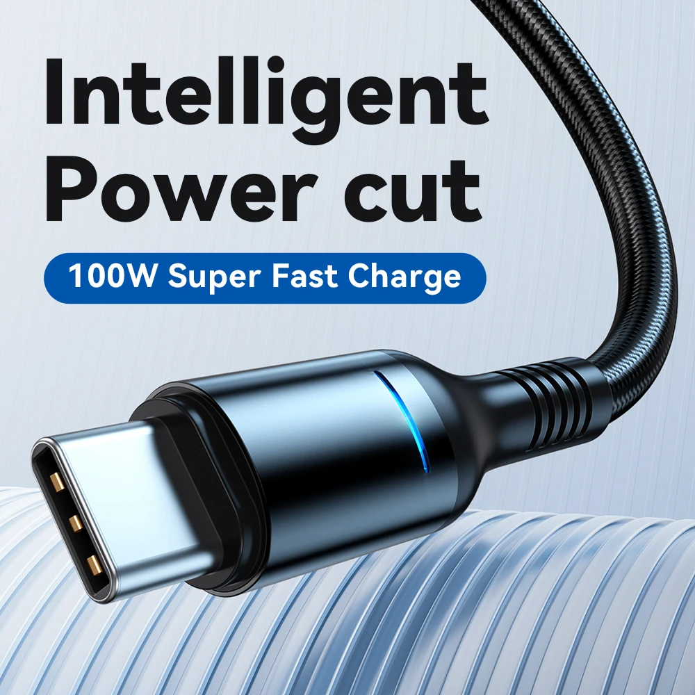 USB-C 100W 6A Fast Charging Cable with Smart Auto Power-Off LED Display Nylon Braided Cord Charger USB to Type C High-Speed Data