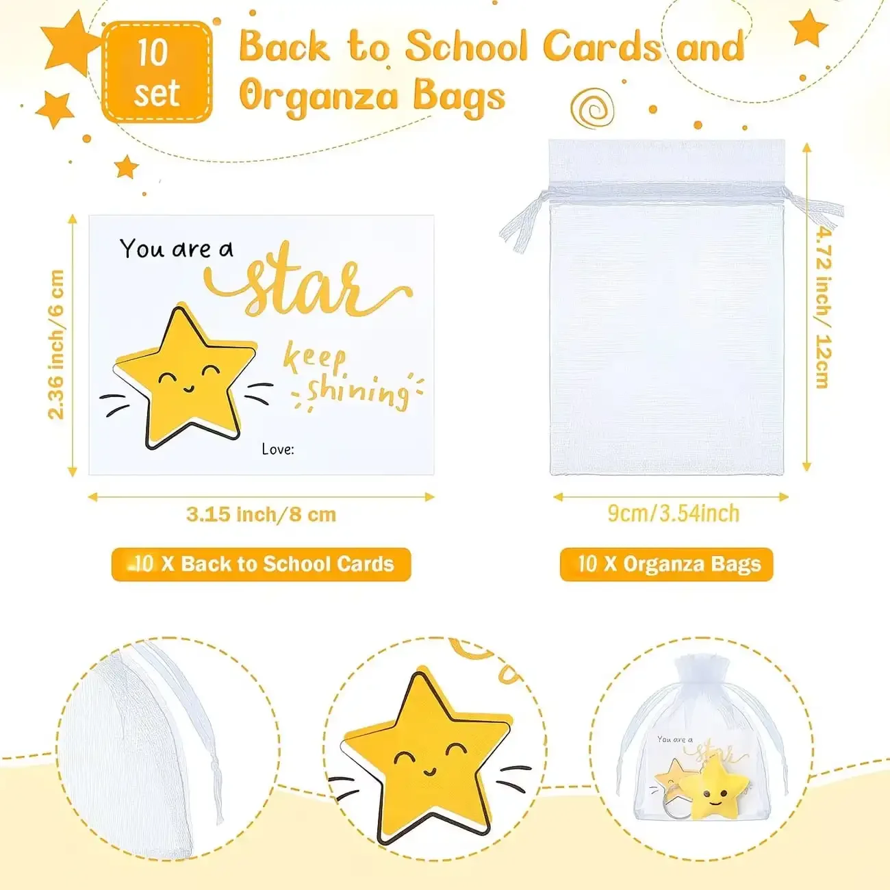 30-Piece Set: Cute Star Keychains, with inspiring Star Cards and Transparent Organza Bags — Thank You Gifts, Rewards, and Party