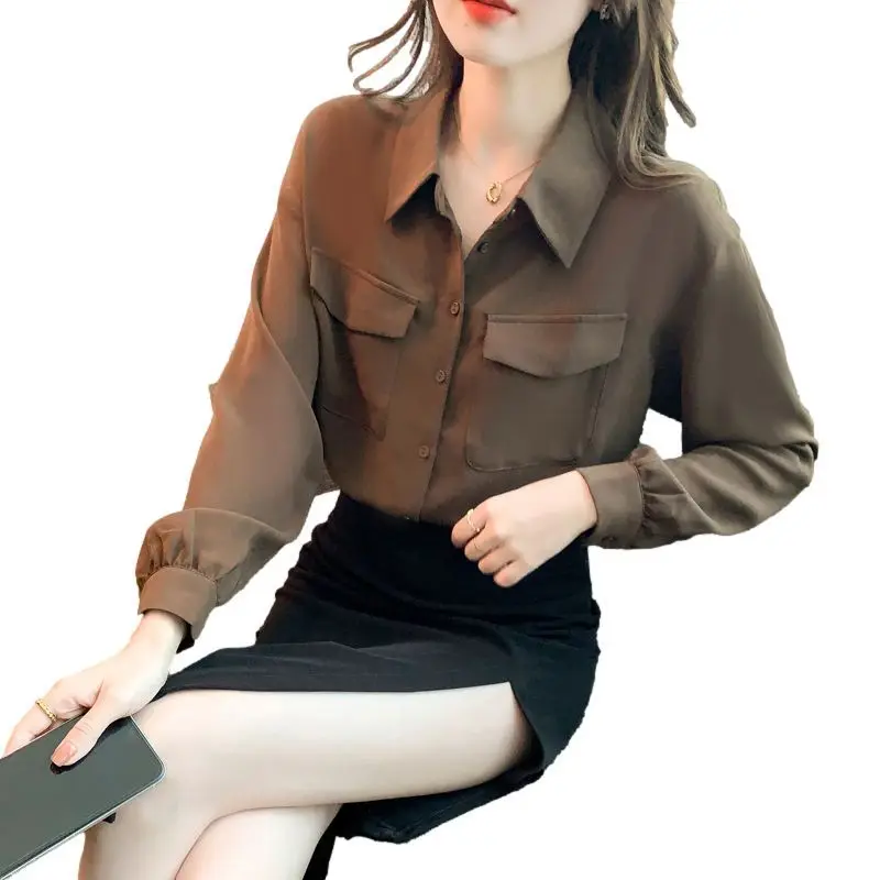 POLO Collar Chiffon Shirt for Women\'s Spring Autumn 2024 New European Fashion Coffee Color Long Sleeved Base Shirt Top