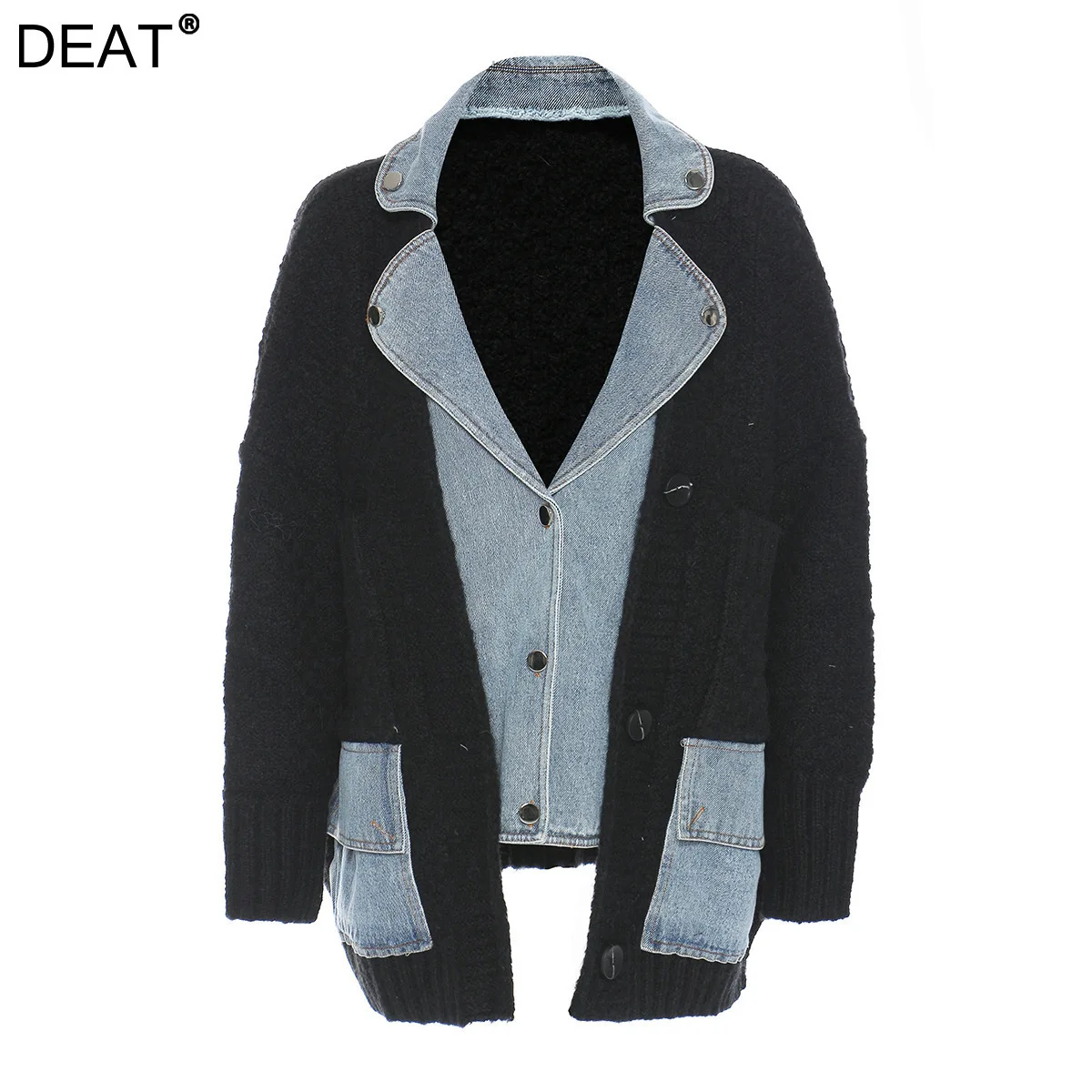 

DEAT Fashion Women's Fake 2 Pcs Sweater Coat Denim Spliced Single Breasted Pockets Loose Warm Jackets Winter 2024 New 7I0784