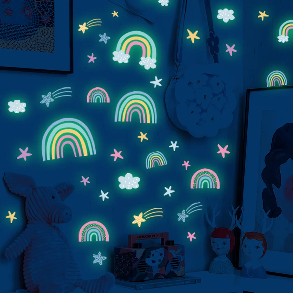 

Rainbow Clouds Stars Luminous Wall Stickers Baby Kids Room Decoration Decals Bedroom Background Decor Glow in The Dark Wallpaper