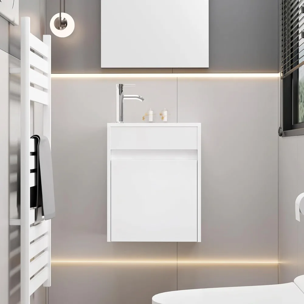 

16" Small Bathroom Vanity Sink Combo, Modern Painted Wall Mounted Floating Cabinet W/Resin Basin Sink Top, Water Save