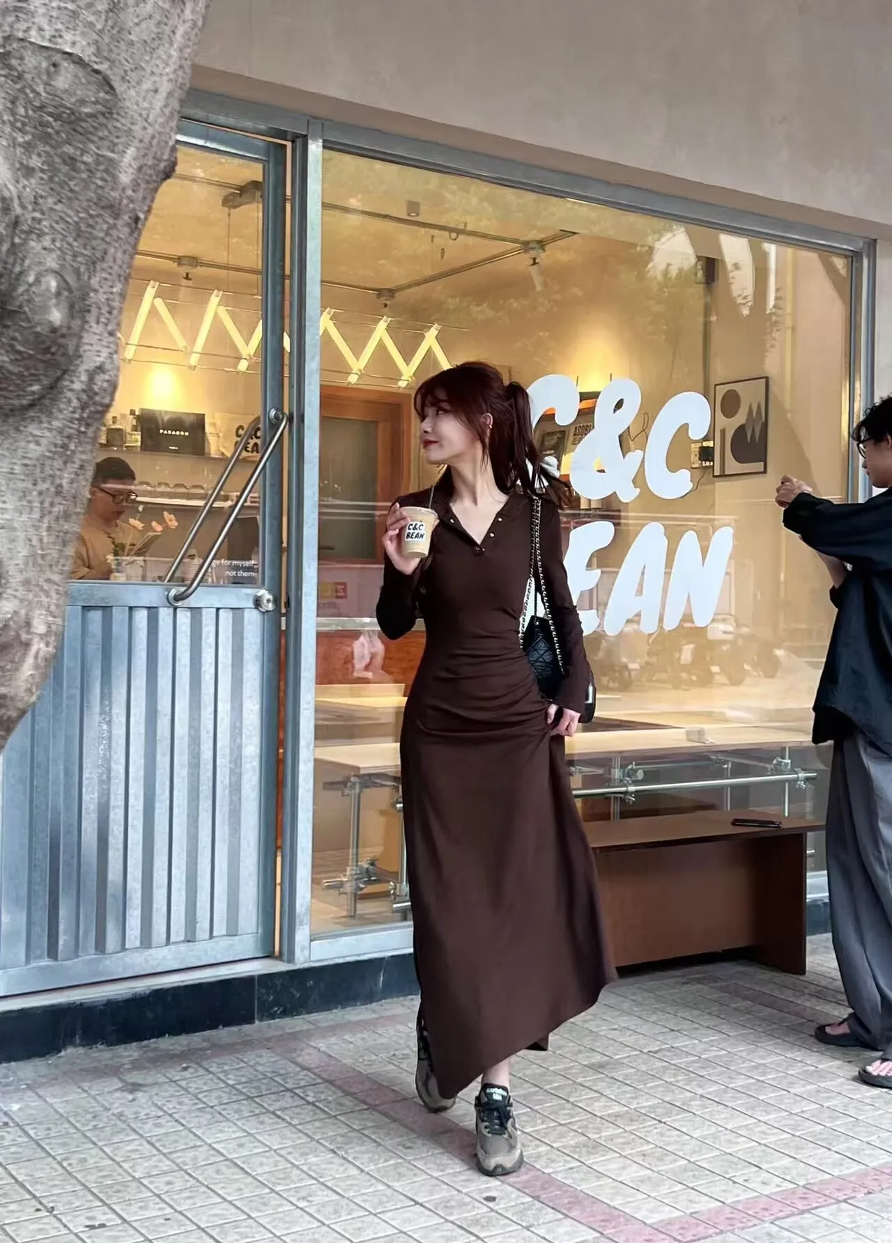 Kleider mit langen Ärmeln, ästhetische Herbst-Strickwaren für Damen, getäfelt, geknöpft, Smockwerk, Stehkragen, H-Linie, Grunge-Stil, Anti-Falten-Chic