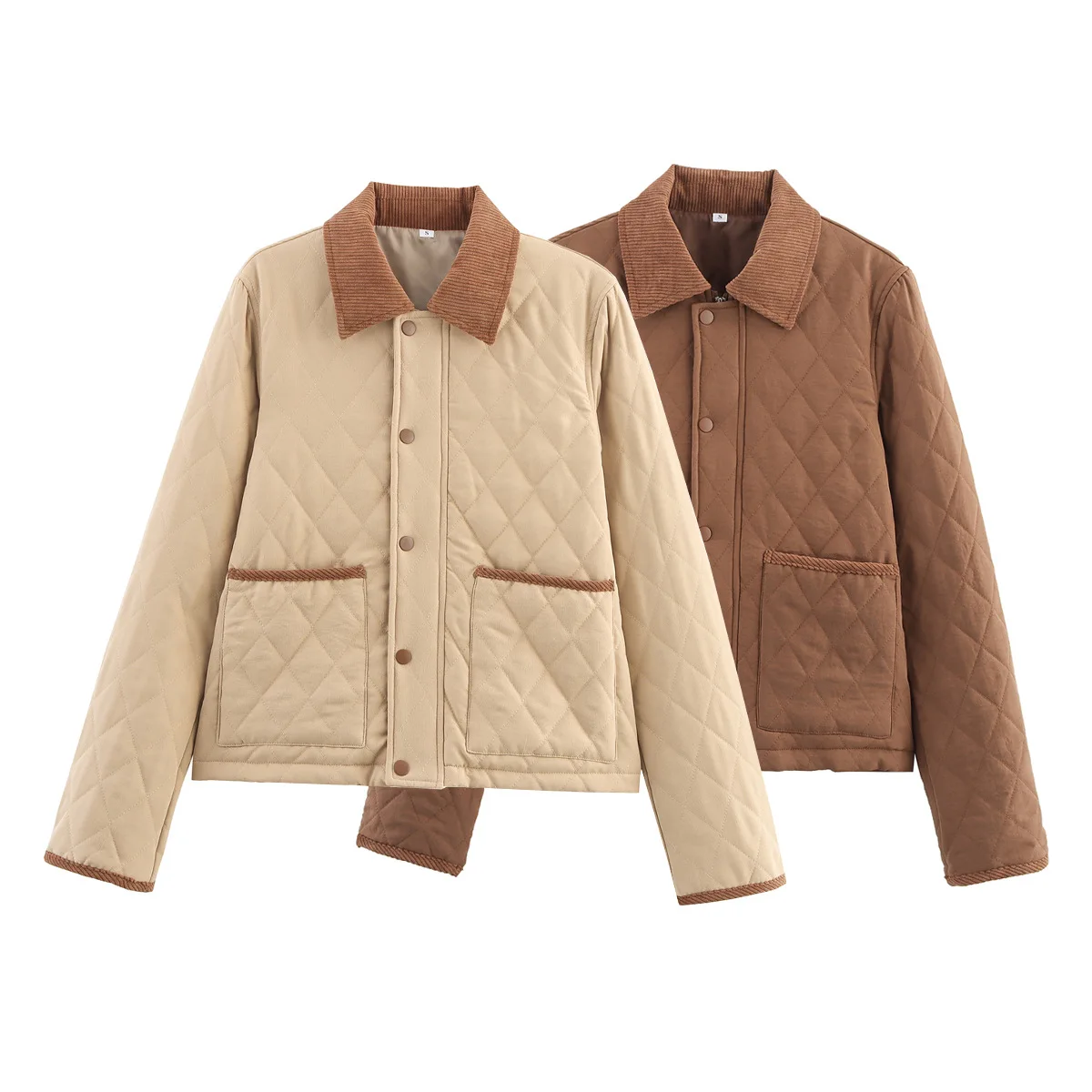 Women's Winter 2025 Lapel Long Sleeve Double Pocket Single Breasted Plaid Padded Jacket Women's