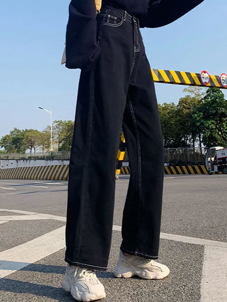 Casual Women Autumn All-match Wide Leg Trousers Girls Line Decoration Washed Jeans Lady Black Korean Style Straight Leg Pants