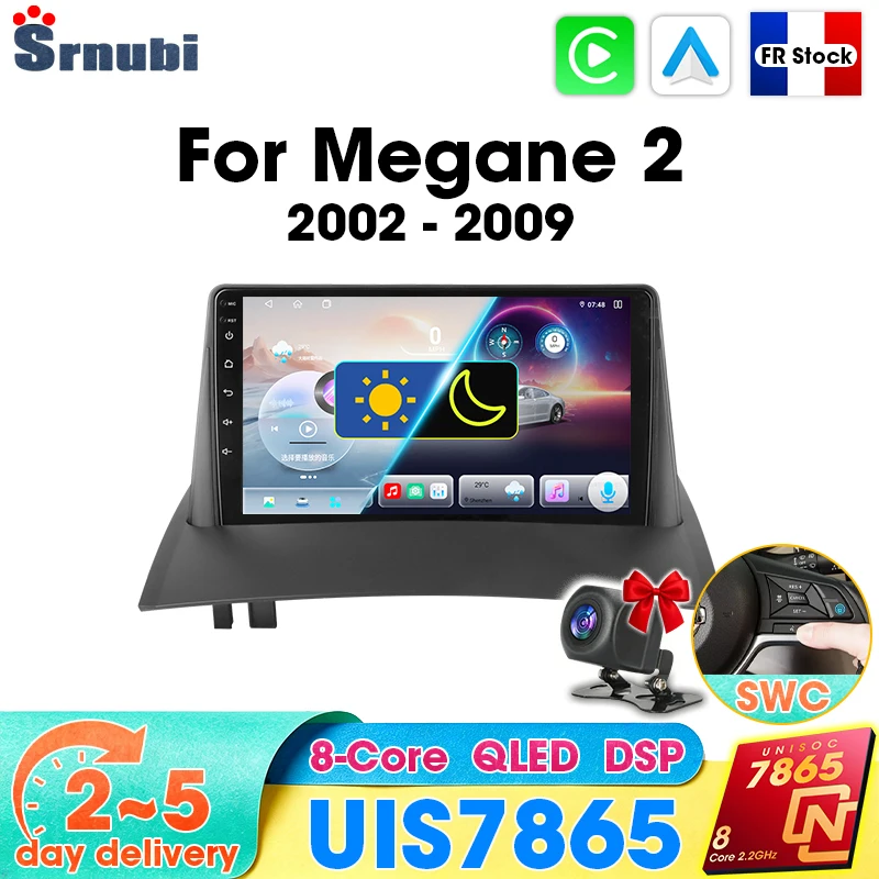 Autoradio 2 Din pour Renault Megane 2 2002 - 2009, Carplay sans fil, Android Auto, Navigation GPS multimédia, écran QLED, DSP, Bluetooth 5.4, 8 cœurs, 4G WIFI, écran d'affichage, FM AM, ventilateur de refroidissement intégré, Plug and Play