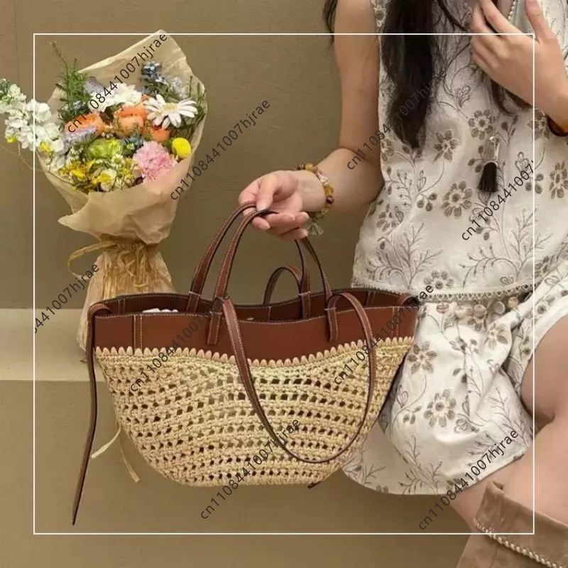 Hollow-out Raffia and Pu Leather Beach Bag Summer Casual Beach Bucket Bag Large Capacity Straw Beach Tote Handbags