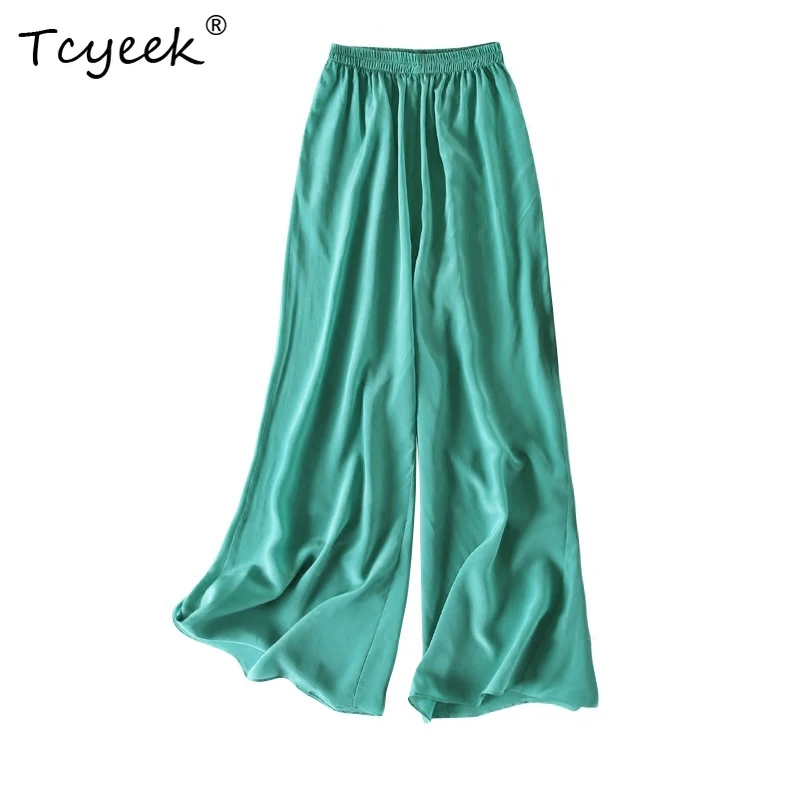 Tcyeek 100 % natürliche Seidenhose für Damen, Sommerkleidung, lässig, elastische Taille, weites Bein, einfarbig, Damenhose, Streetwear