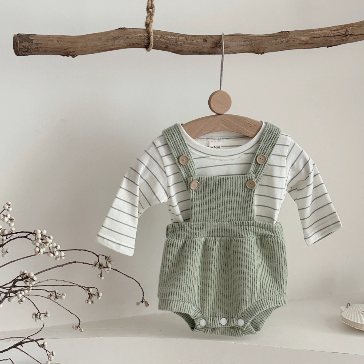 2Pcs/set Autumn New Baby Crawling Suit Set Fresh Green White Spliced Stripes Long Sleeve + Shoulder Strap Jumpsuit 0-18 Months
