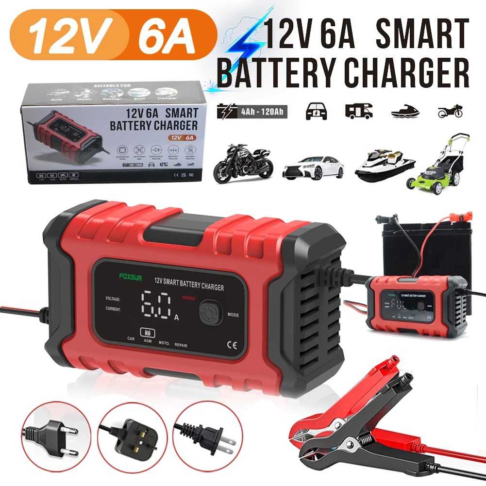 Cargador de batería de coche completamente automático, 12V, 6A, carga rápida inteligente para AGM GEL, húmedo, seco, plomo ácido, pantalla LCD Digital