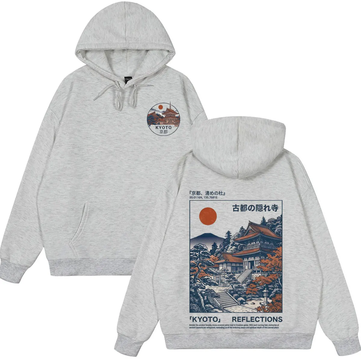 Kyoto Reflections Graphic Illustration Hoodie Japanese Ukiyo-e Style Temple Pullover Casual Oversized Pullover Tops Streetwear