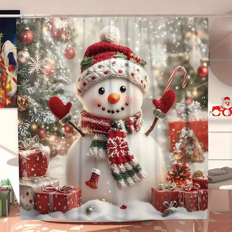 1/3/4pcs of Cute Doll Snowman Shower Curtain Set with Non-slip Carpet, Christmas Gift Decoration, Bathroom Accessor