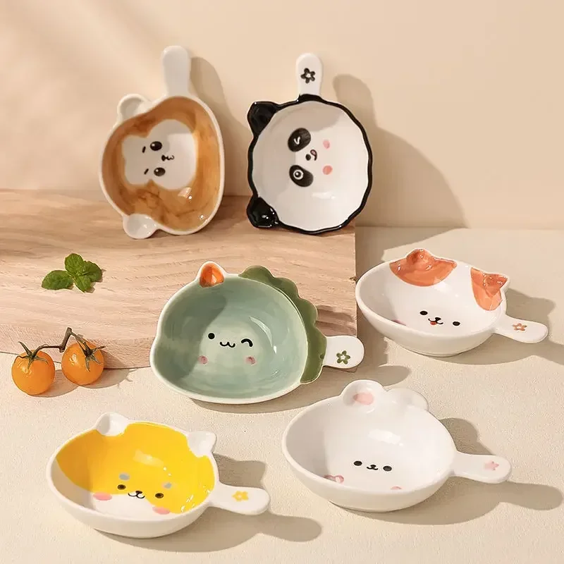 Cute Ceramics Snack Plate Cartoon Animals Saucer Hot Pot Dipping Sauce Dish Handle Dinner Plate Delicate Dessert Snack Plates