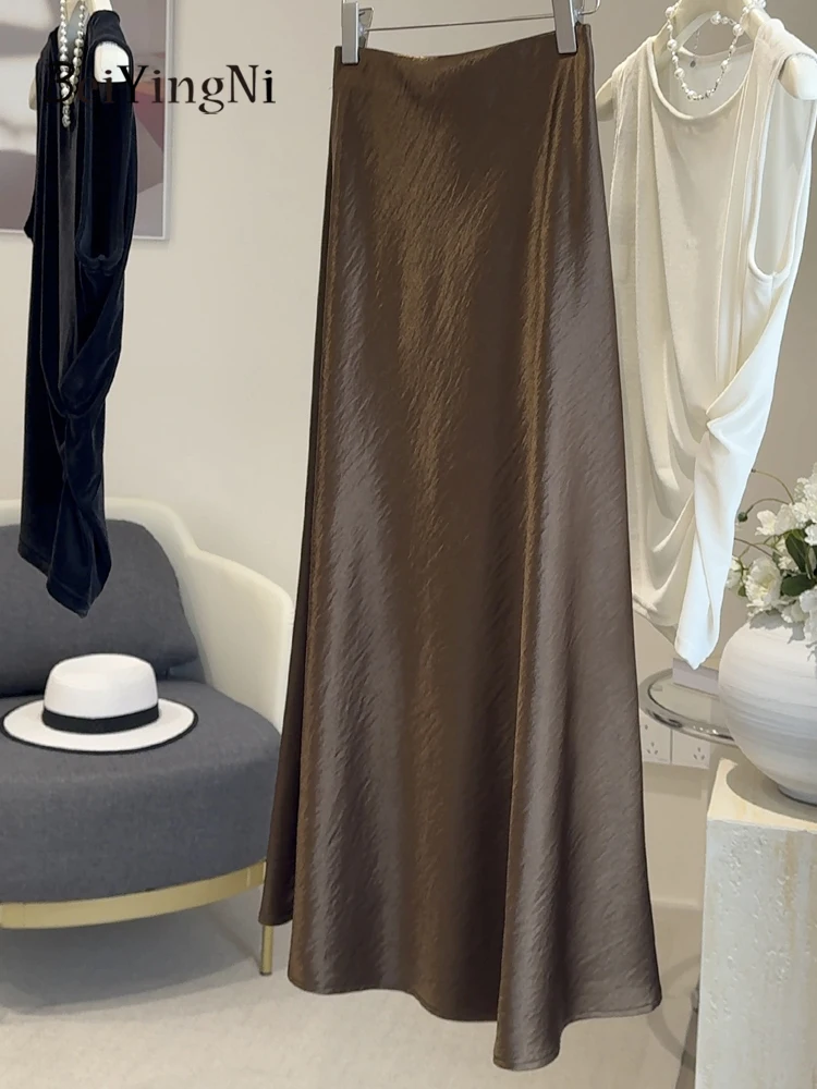 Beiyingni 2025 Jesień Zima Damskie Satynowe Długie Spódnice Eleganckie Luksusowe Codzienne Dopasowane Francuskie Biurowe Spódnice Syreny Ubrania