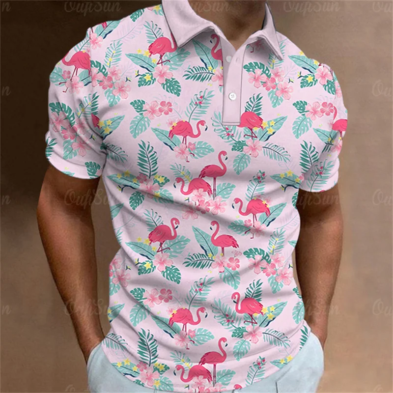 Flamingos Polo T-Shirts Cartoon Print Trending Shirt Summer Short-Sleeve Hawaiian Style Luxury Golf Wear men Overisized Clothing