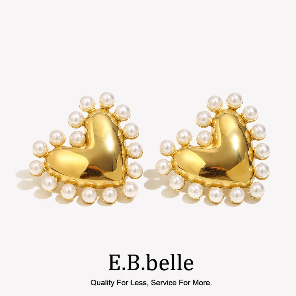 E.B.belle Outer Hoop Pearl Smooth Heart Earrings 18K Gold Plated Jewelry 316L Stainless Steel Earrings for Women