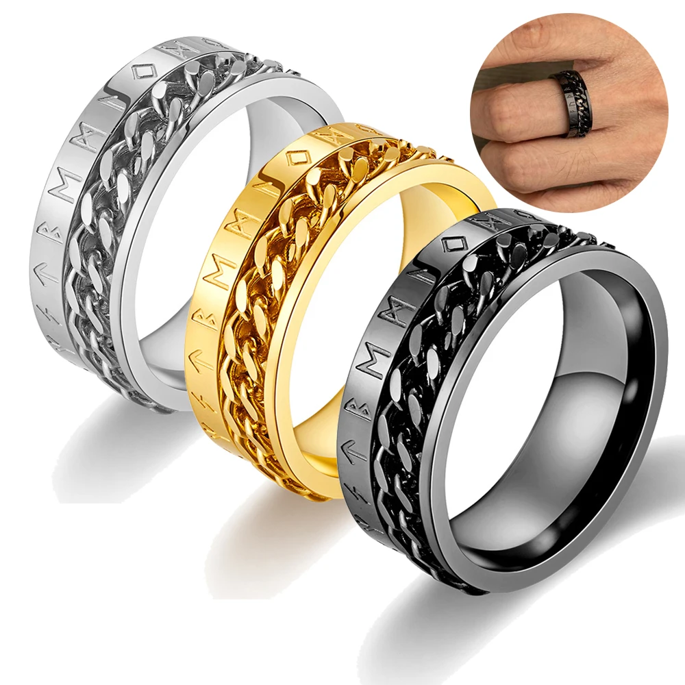 

Fashion 8mm Stainless Steel Chain Spinner Fidget Rings for Women Men Vintage Norse Viking Runes Rings Retro Amulet Jewelry Gifts