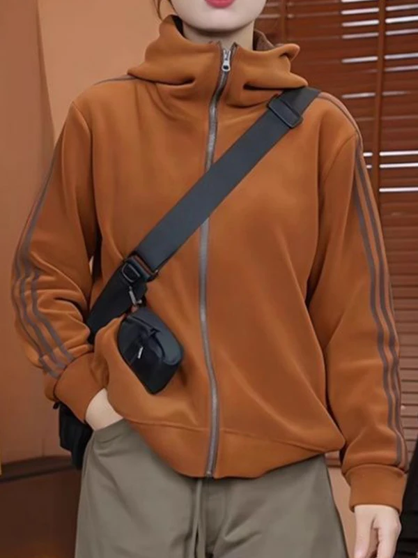 Fashionable Loose Fleece Ladies Hoodie Cardigan Embellished with Pockets Zipper Closure Long Sleeve  Color Commute Style