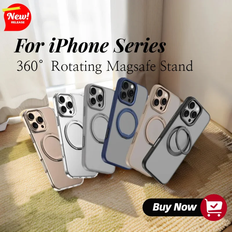 

New Release Phone Case for iPhone 17 Pro Max Magsafe 16 15 14 Coque 360 Degrees Rotating Stand Anti Fingerprint Full Cover