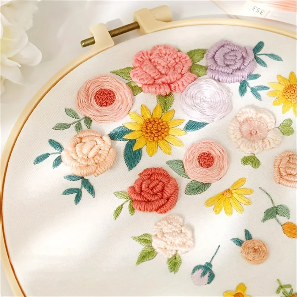 Flower Embroidery Starter Kit DIY Cross Stitch Set for Beginner Plant Sewing Art Craft Painting Home Decor Embroidery Set