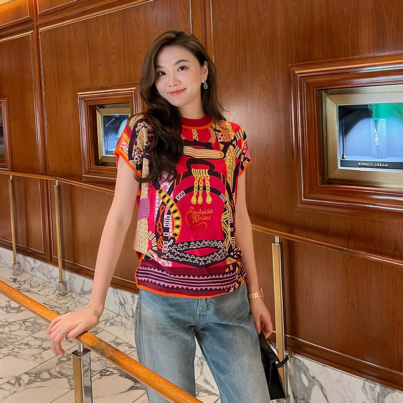 

L Wami Летняя шелковая шерстяная круглая футболка с принтом Ne Повседневная футболка ort Sve Женский топ Ele Creative Commute Sle Geometric P...