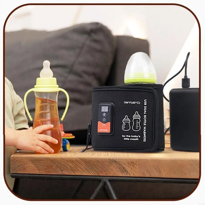 

54DF Double Bottle Warmer with Adjustable Temperature Breastmilk Heating Bag USB Charging Heater Cover Case for Travel