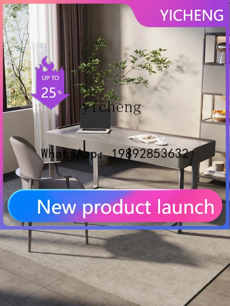 

LYY Solid Wood Saddle Leather Stone Plate Computer Desk Italian Minimalist Desk