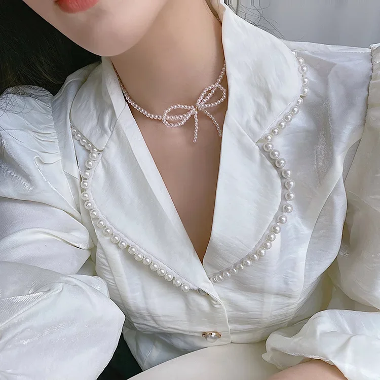 Elegant Simulated Pearl Bow Choker for Women Girls Fashion 2022 New Wedding Necklace Jewelry Colares