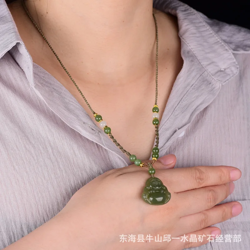 Natural Hetian Jade Laughing Buddha Pendant Chinese Traditional Good Luck Wealth Blessing Adjustable Braided Necklace Unisex Amu view 4