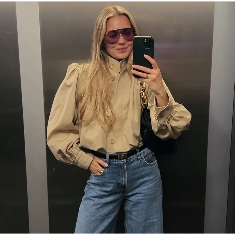 

Осень 2024, женская верхняя одежда, уличная мода, короткая куртка с воротником-стойкой, женское однобортное плиссированное женское пальто с длинными пышными рукавами