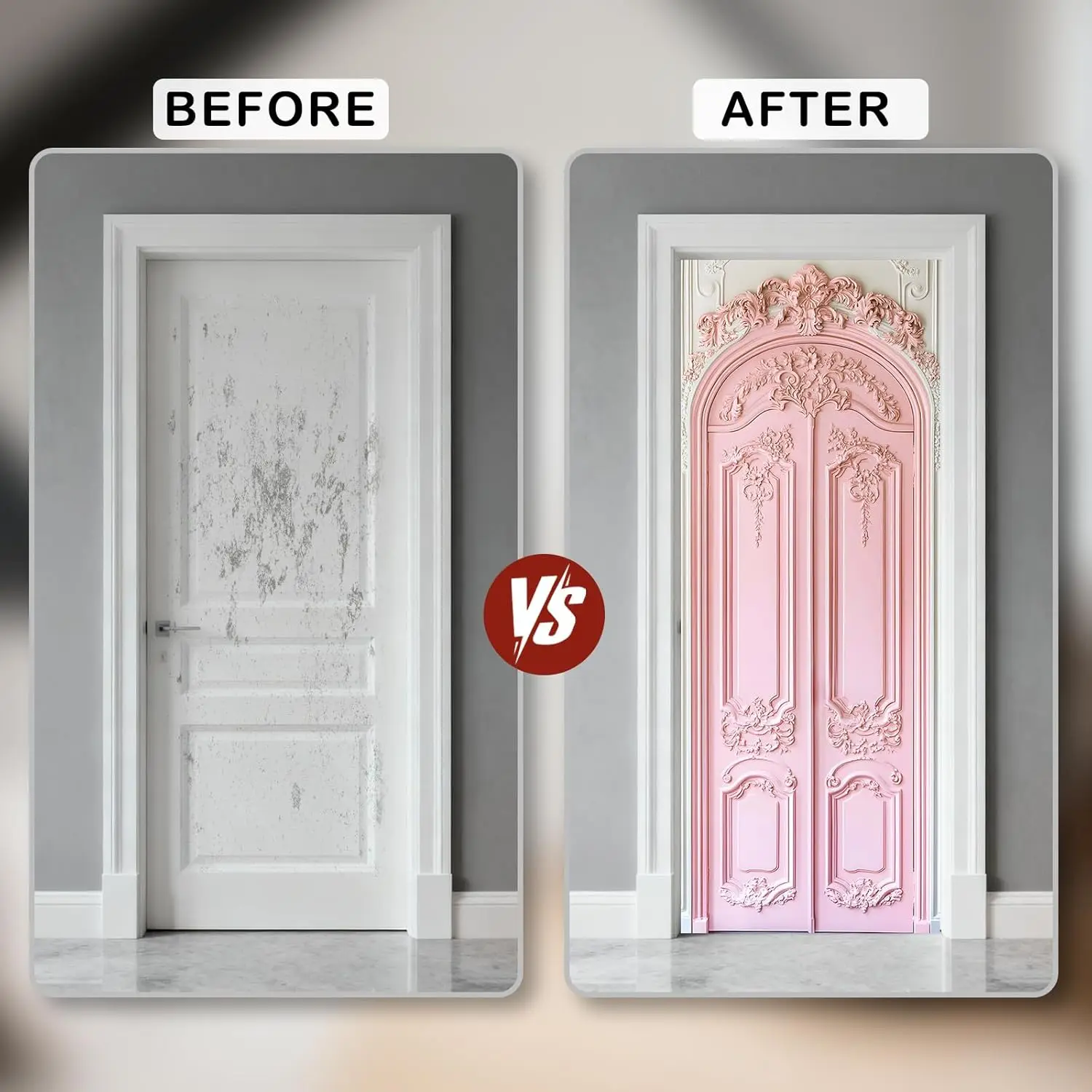 Pink Floral Ornate Door Sticker Peel and Stick Vinyl Decal Removable Self-Adhesive for Home Bedroom Living Room