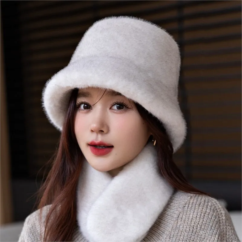 fur fisherman's hat for women winter plush thickened warm and versatile face-enhancing small top basin real bucket