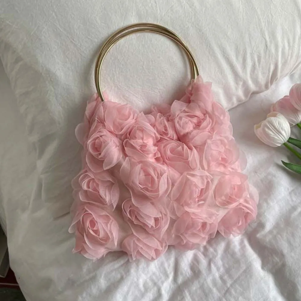 

Versatile Mesh Rose Clutch Bag Magnetic Button Large Capacity Wedding Handbag Multi-function Polyester Female Phone Organizer