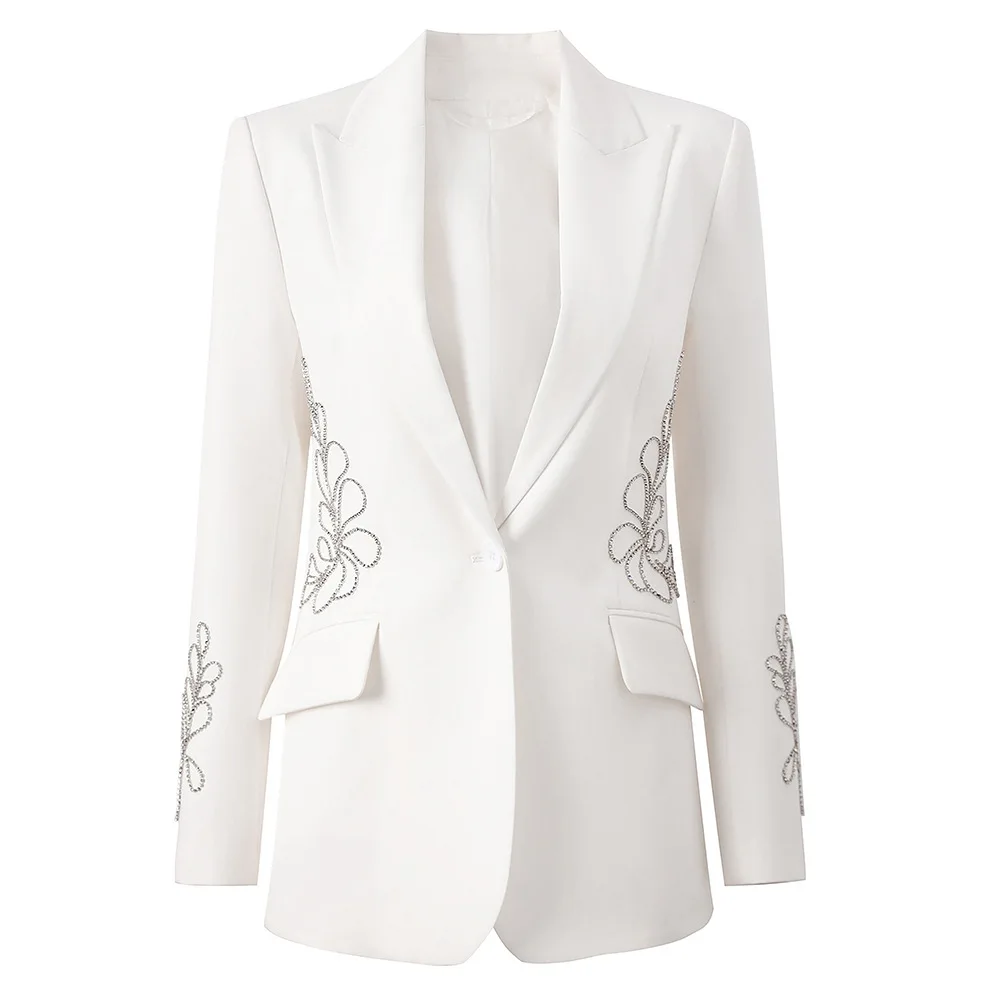 Spring Autumn New White Heavy-Duty Hand-Beaded Single-Button Suit Jacket European American Coat Traf 2025 Femme Blazer Mujer