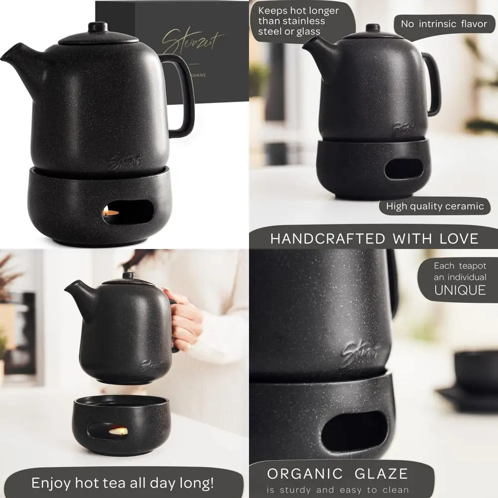 

Керамический чайник с заваркой для рассыпного чая — черный чайник премиум-класса на 44 унции с подогревом — чайник большой емкости для заваривания