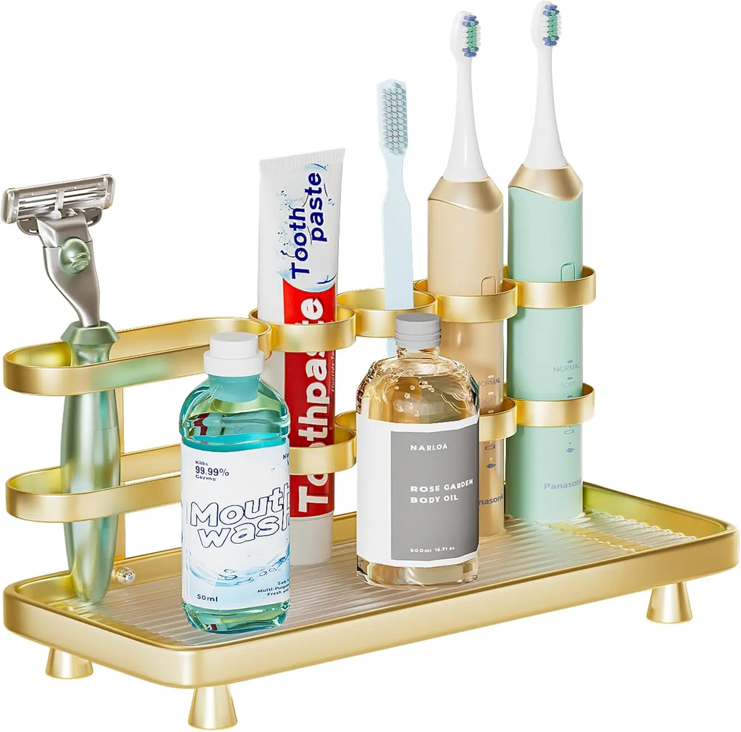 

Electric Toothbrush Holder for Bathroom Countertop 5 Metal Slots Toothpaste Razor Mouthwash Organizer, Gold