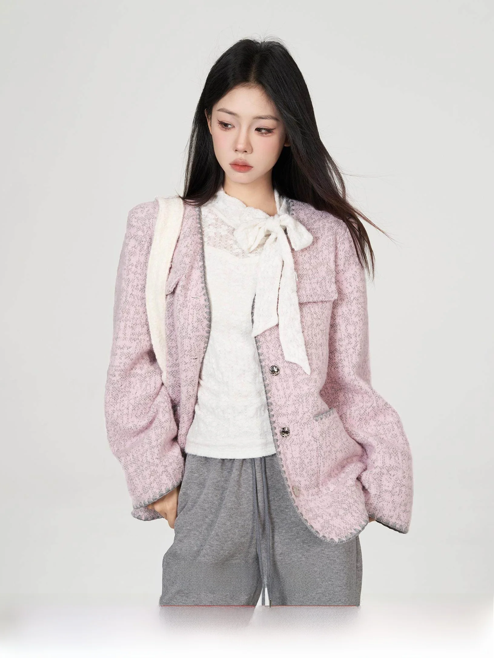 

Розовое шерстяное пальто, женское осенне-зимнее свободное пальто с v-образным вырезом, модный универсальный цельный длинный свеч на пуговицах