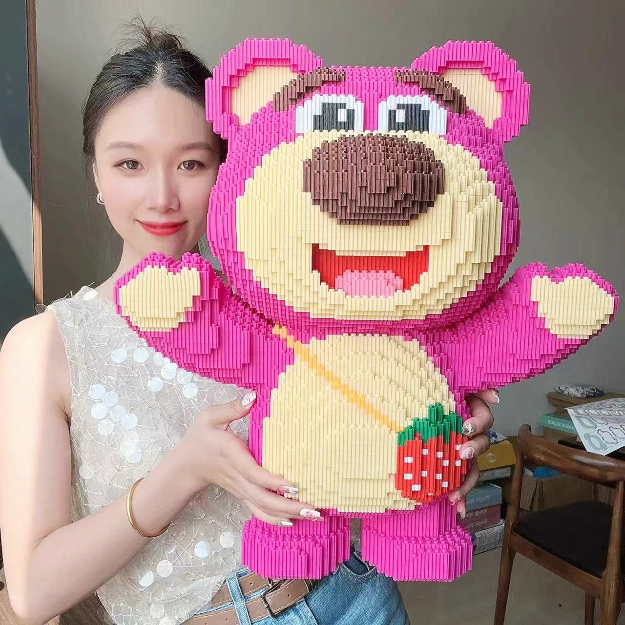 Disney-Extra Large Lotso Block Toy for Adults and Children, Cute Pet Bear, Love, Strawberry, DIY Gift, 45cm