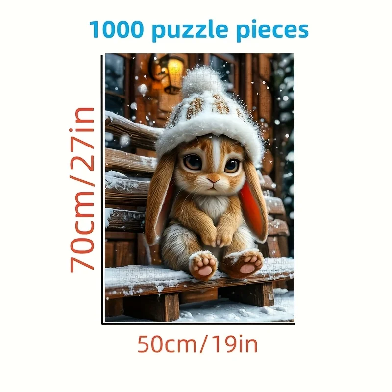 Puzzle zimowe z królikami - 1000 elementów, trudna gra DIY dla dorosłych i rodzin, biały prostokątny kształt z motywem śnieżnego krajobrazu