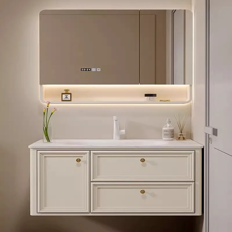 Durable Upgraded French Cream Wind Bathroom Cabinet Hot Bending Integrated Oak Premium Paint Washbasin Washbasin