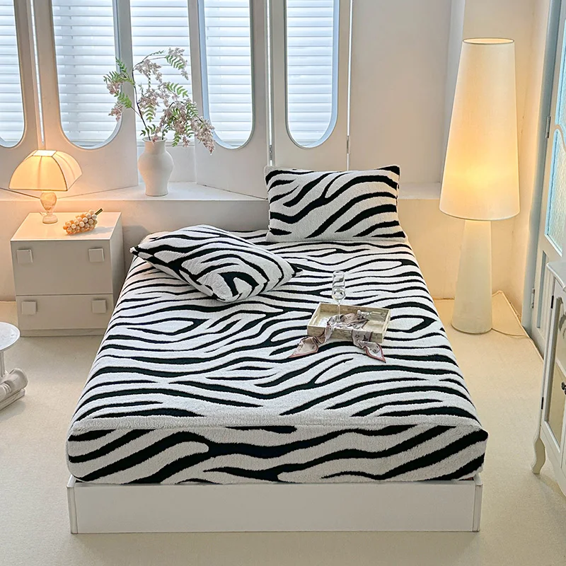 

Zebra Striped Fitted Sheet Winter Thickened Warm Bed Sheet on elastic Single/Queen/King Size Flannle Fleece Bed Sheets 침대패드