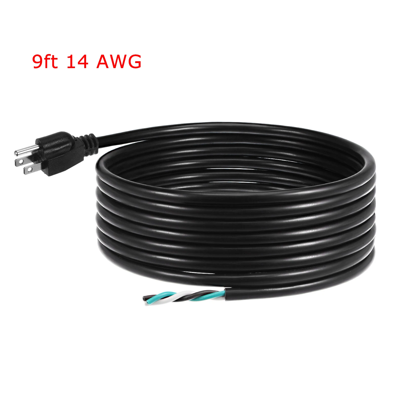 9ft 14 AWG 3 Prong Replacement Power Cord 3 Conductor Wire Extension Cable 5-15P with Pigtail Open Wiring End for AC Appliance