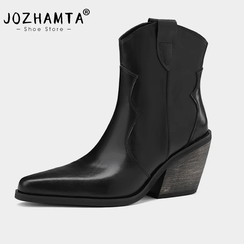 JOZHAMTA 2025 Women Ankle Boots Western Short Boots Leather Cowboy Autumn Winter Shoes Retro Woman Office Lady Size 33-40