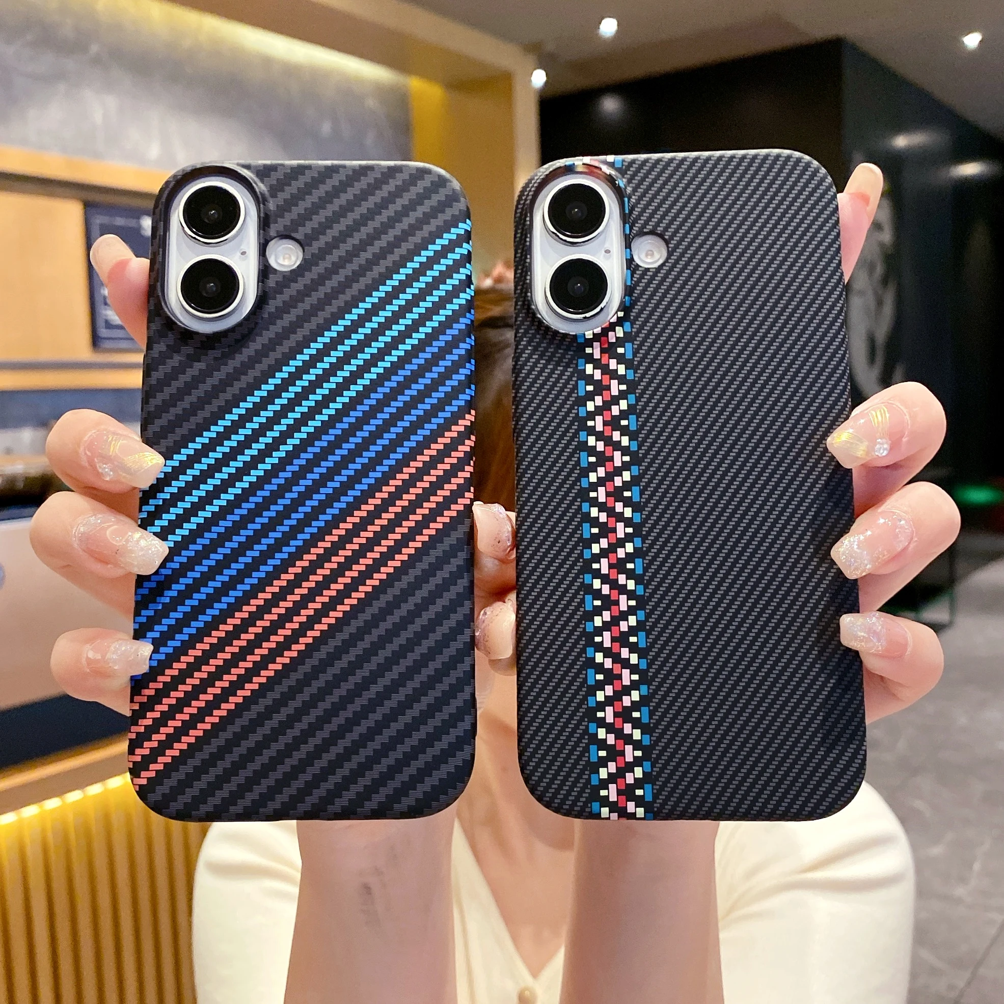 Luxury Carbon Fiber Kevlar Pattern PC Armor Case For iPhone 16 15 14 Plus 13 12 11 Pro Max Business Shockproof Retro Lines Cover