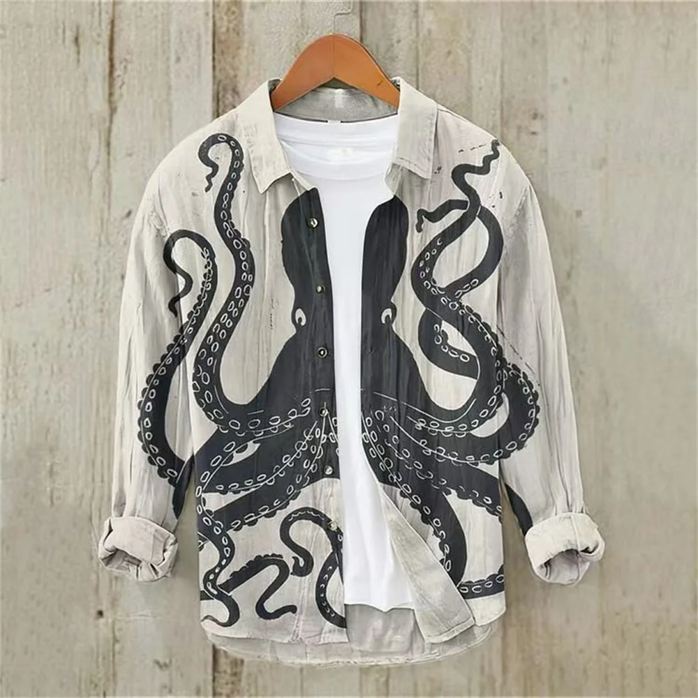 Men's long-sleeved shirt linen shirt retro print a group of small fish shirt casual loose high-quality men's clothing
